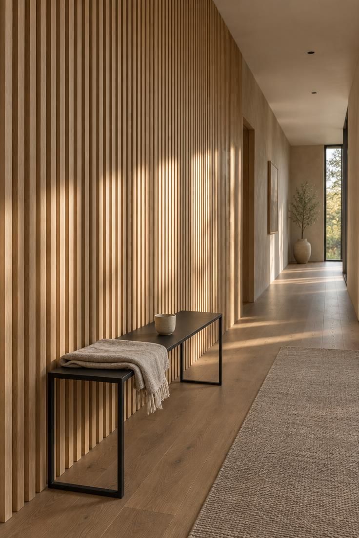 17 Calm Modern Hallway Ideas for a Long Open Passage 10 Vertical white oak slats running floor to ceiling on one corridor wall with slim shadow gaps and a blackened metal bench in front.