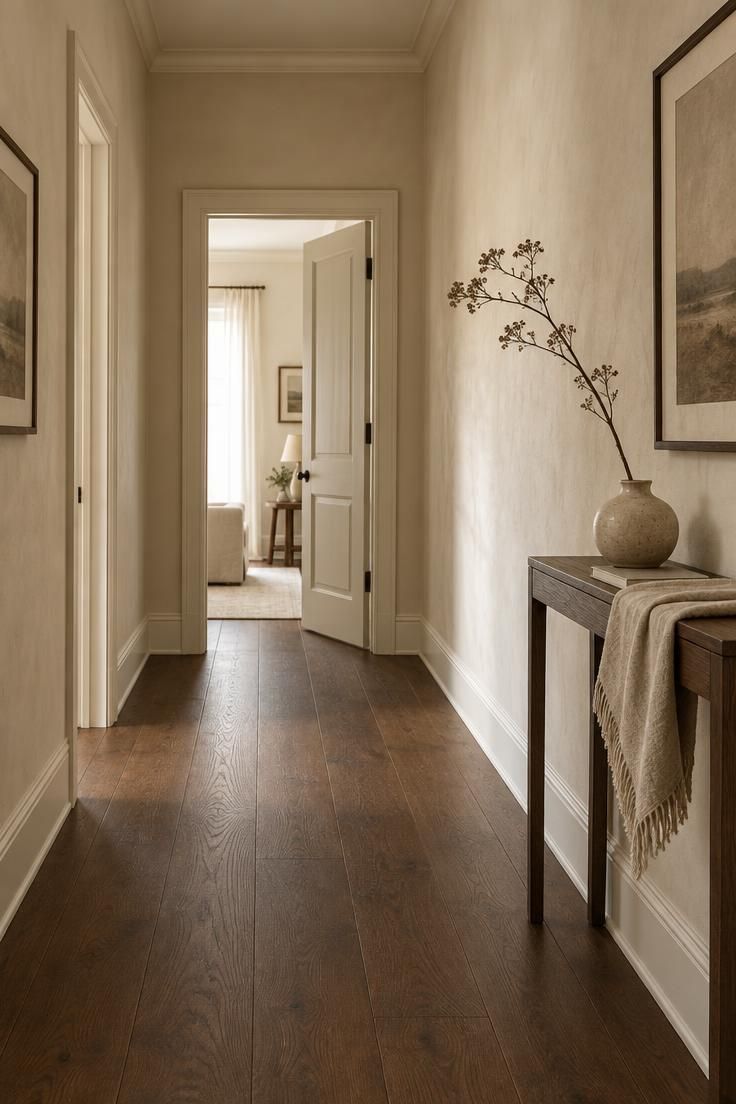 17 Calm Modern Hallway Ideas for a Long Open Passage 11 Warm off-white corridor walls over a darker matte mid-brown wood floor with a slim console and dried branch.