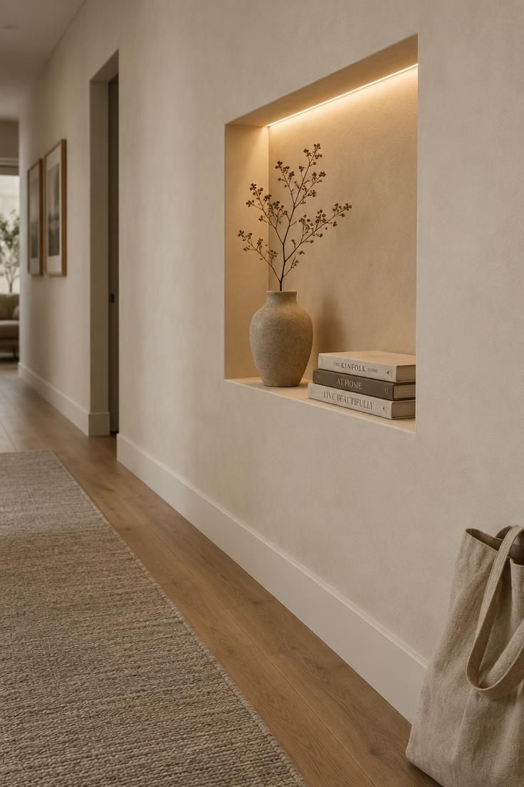 17 Calm Modern Hallway Ideas for a Long Open Passage 12 A shallow recessed niche in a corridor wall holding a sculptural vase and stacked books with a soft strip light above.