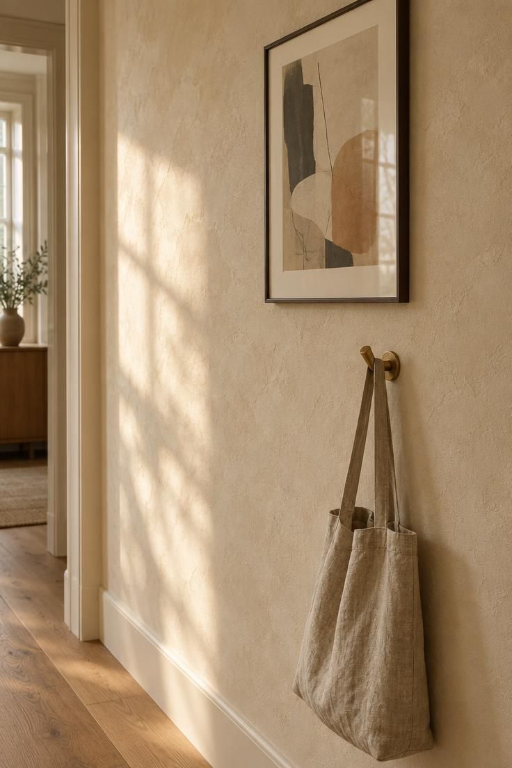17 Calm Modern Hallway Ideas for a Long Open Passage 13 A close-up of a warm cream plaster-look corridor wall with tonal movement and a thin-framed abstract print in raking light.