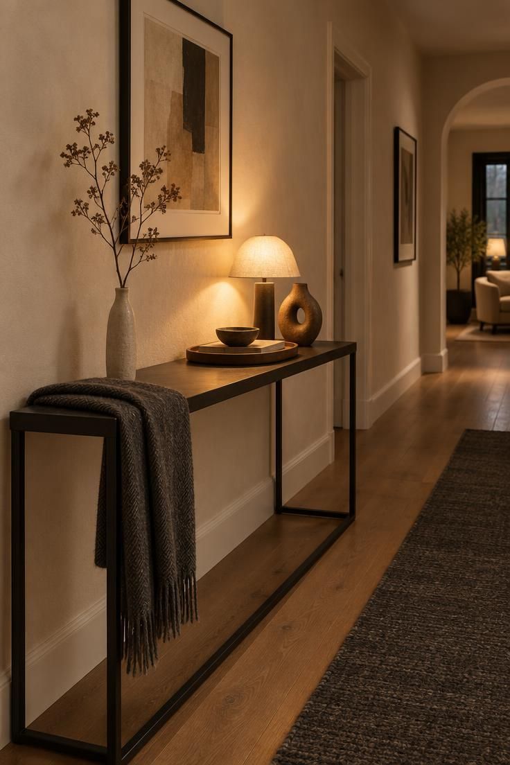17 Calm Modern Hallway Ideas for a Long Open Passage 14 A slim blackened metal console with a tray, small lamp, and sculptural ceramic object grouped off-center on a warm corridor wall.