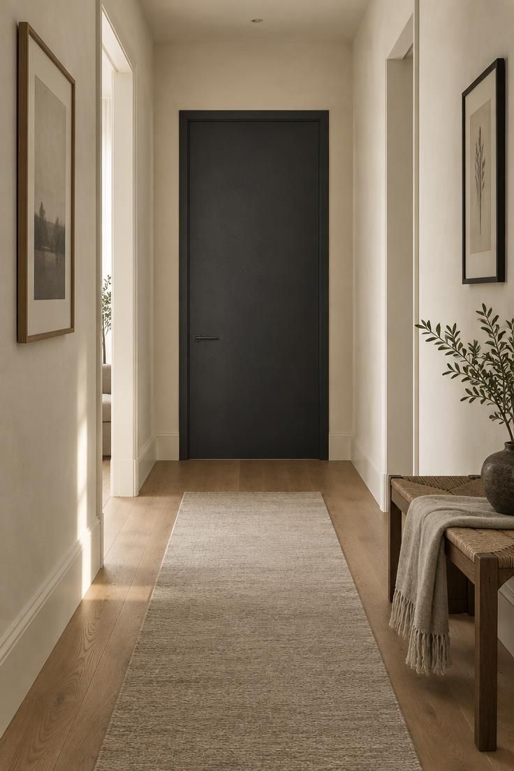 17 Calm Modern Hallway Ideas for a Long Open Passage 15 A deep charcoal painted door at the end of a warm off-white corridor with a slim blackened metal lever handle.