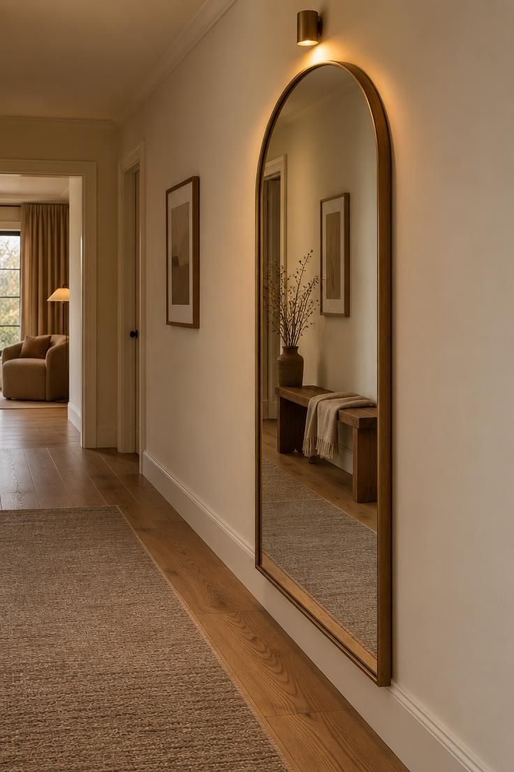 17 Calm Modern Hallway Ideas for a Long Open Passage 16 A tall arched mirror framed in blackened metal on a warm off-white corridor wall with a sconce above and a bench reflected.
