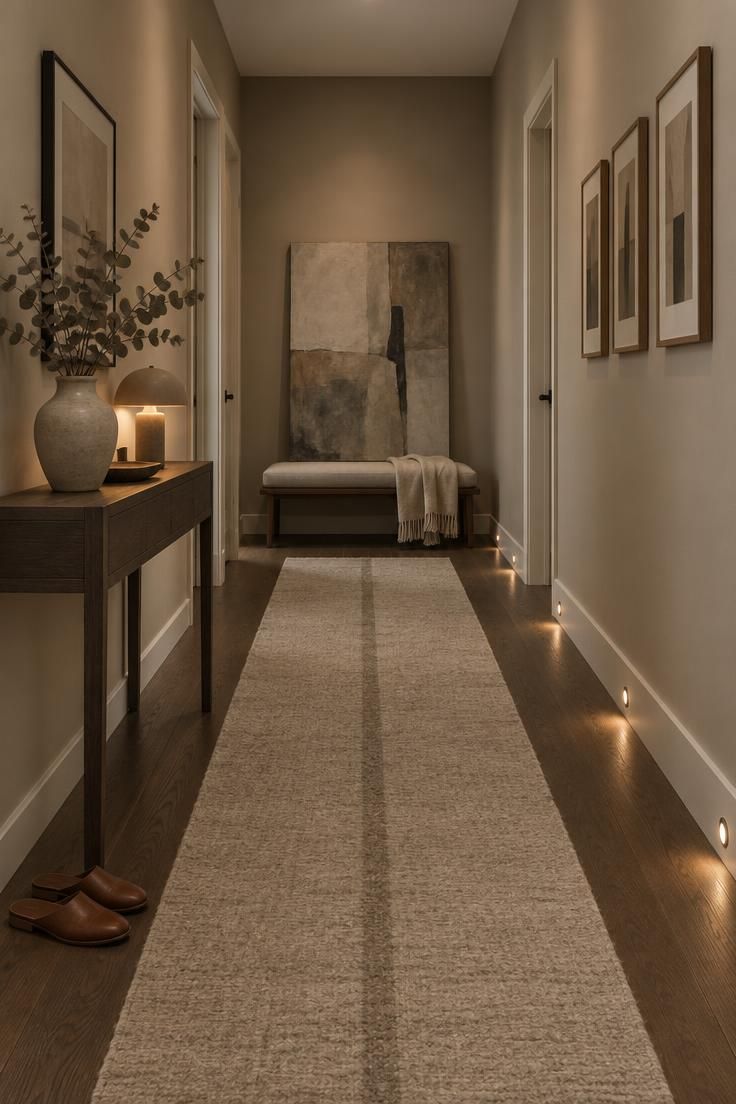 17 Calm Modern Hallway Ideas for a Long Open Passage 17 Narrow modern hallway with warm greige walls, a slim wood console, a low warm table lamp, dried eucalyptus, and a row of small floor-level lights along the baseboard of an oatmeal runner.