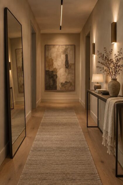 17 Calm Modern Hallway Ideas for a Long Open Passage A long warm neutral corridor at dusk with a leaning full-height mirror, an abstract canvas at the end, wall sconces, and a wool runner.