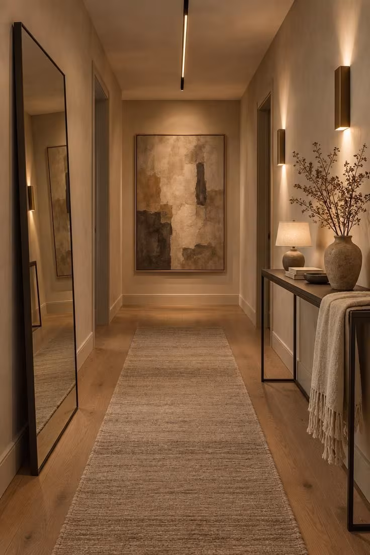 Simple Spaces 16 A long warm neutral corridor at dusk with a leaning full-height mirror, an abstract canvas at the end, wall sconces, and a wool runner.