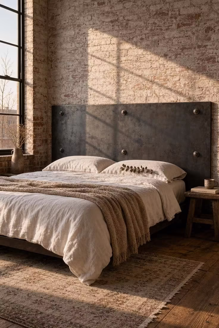 13 Cozy Modern Industrial Bedroom Ideas for a Raw Retreat 1 Rolled steel headboard panel with welded strap bolts mounted on a lime-washed brick wall in a modern industrial bedroom with white linen bedding and warm golden light.