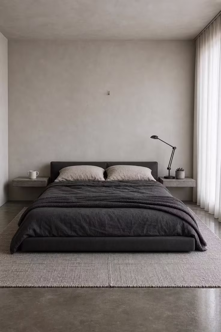 13 Cozy Modern Industrial Bedroom Ideas for a Raw Retreat 2 Charcoal linen platform bed with poured concrete floating nightstands on each side in a modern industrial bedroom with cool overcast light.