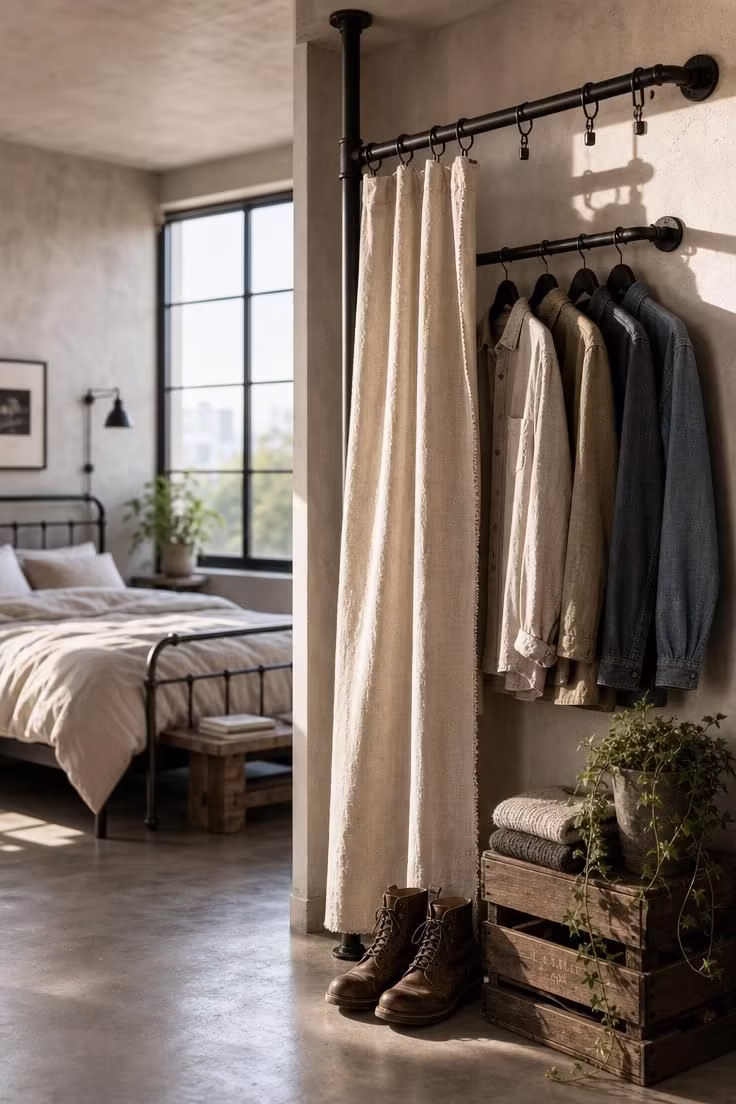 13 Cozy Modern Industrial Bedroom Ideas for a Raw Retreat 3 Open matte black steel clothing rail with raw canvas curtain in a corner alcove of a modern industrial bedroom with bright midday light.