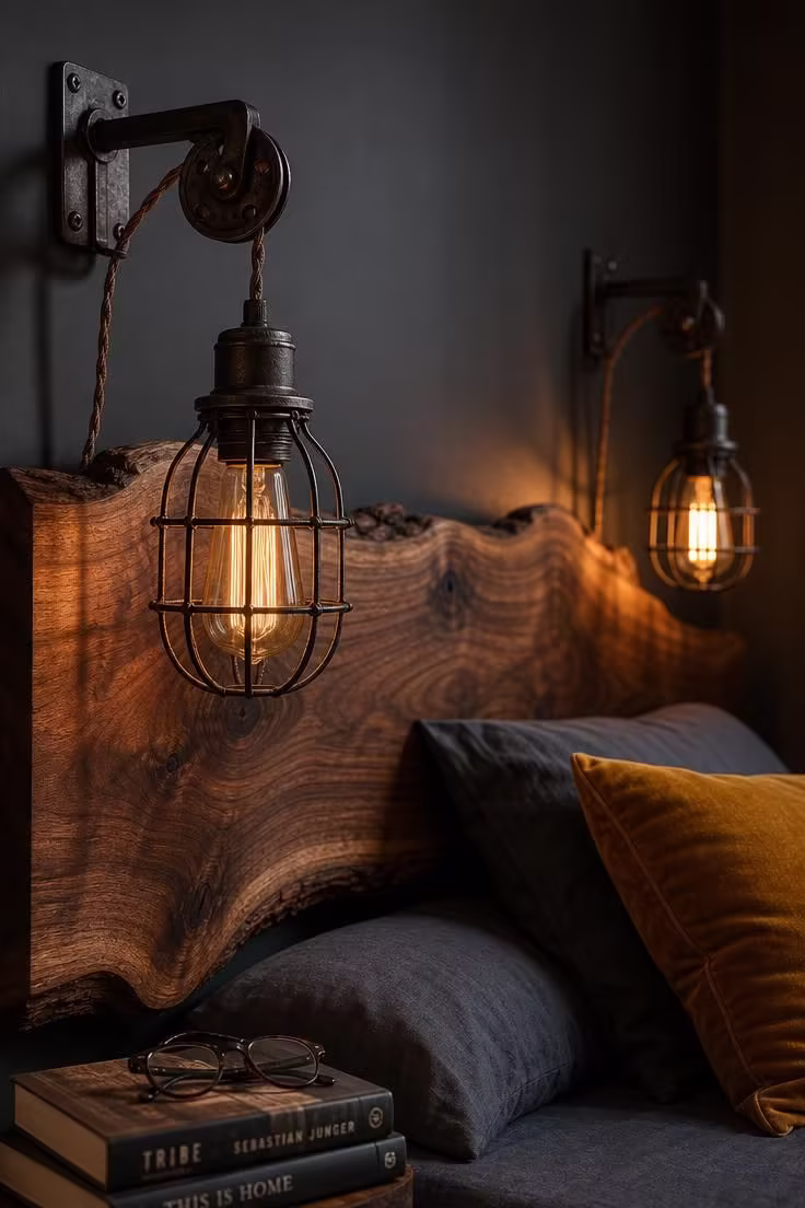 13 Cozy Modern Industrial Bedroom Ideas for a Raw Retreat 4 Caged pulley sconce with filament bulb mounted beside a live-edge walnut slab headboard in a moody industrial bedroom with low amber light.