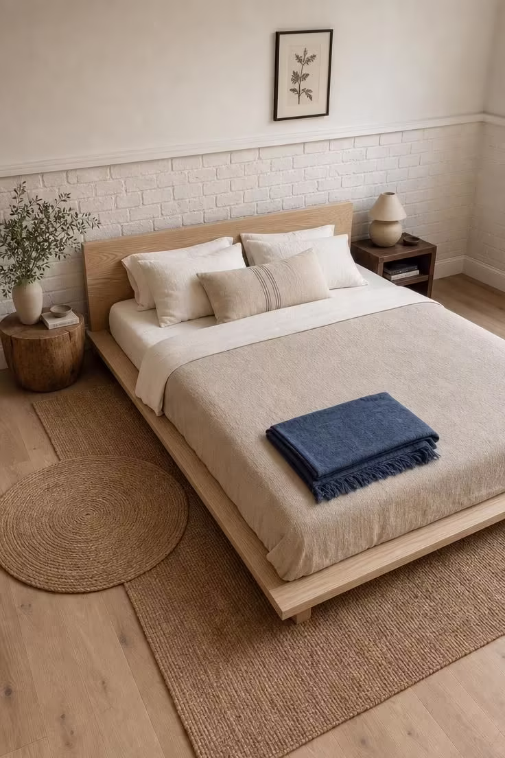 13 Cozy Modern Industrial Bedroom Ideas for a Raw Retreat 5 Low ash wood platform bed against a whitewashed brick half-wall with layered jute rugs and soft diffused light in a modern industrial bedroom.