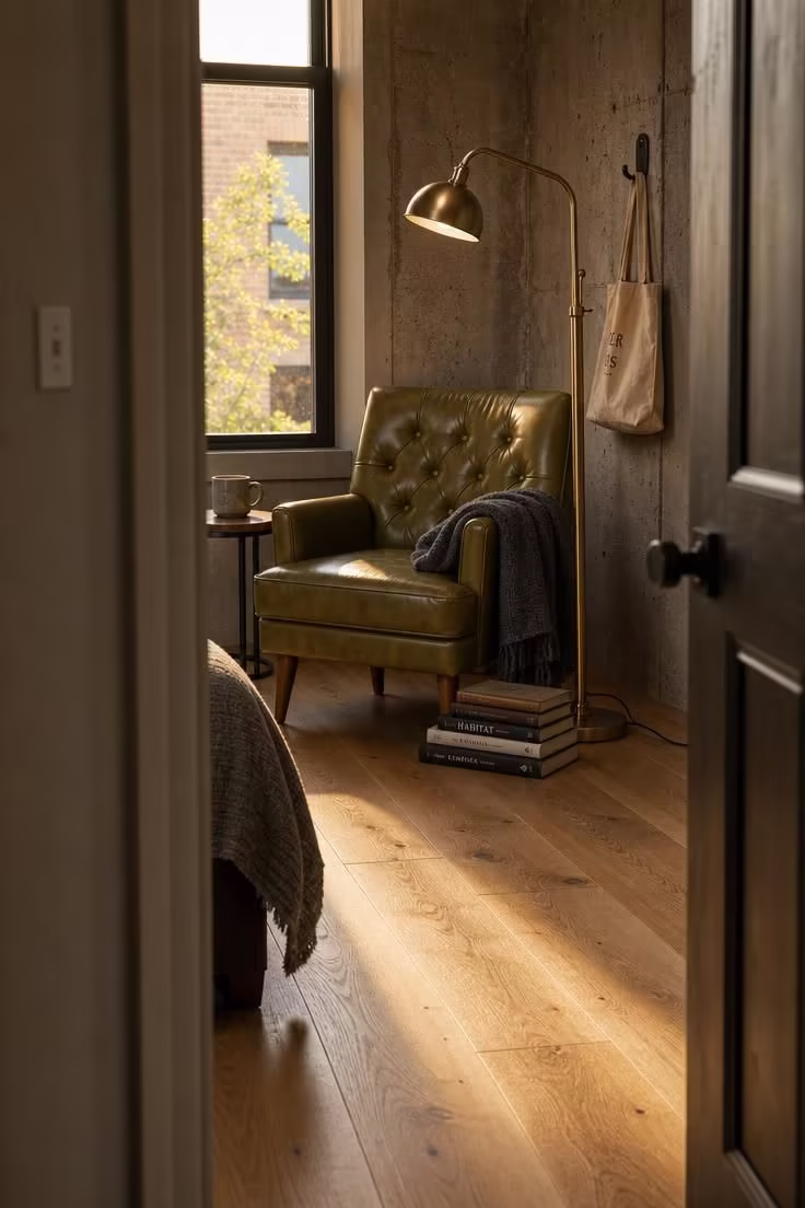 13 Cozy Modern Industrial Bedroom Ideas for a Raw Retreat 6 Brushed brass gooseneck floor lamp beside a tufted olive leather armchair in a reading corner of a modern industrial bedroom with warm golden light.