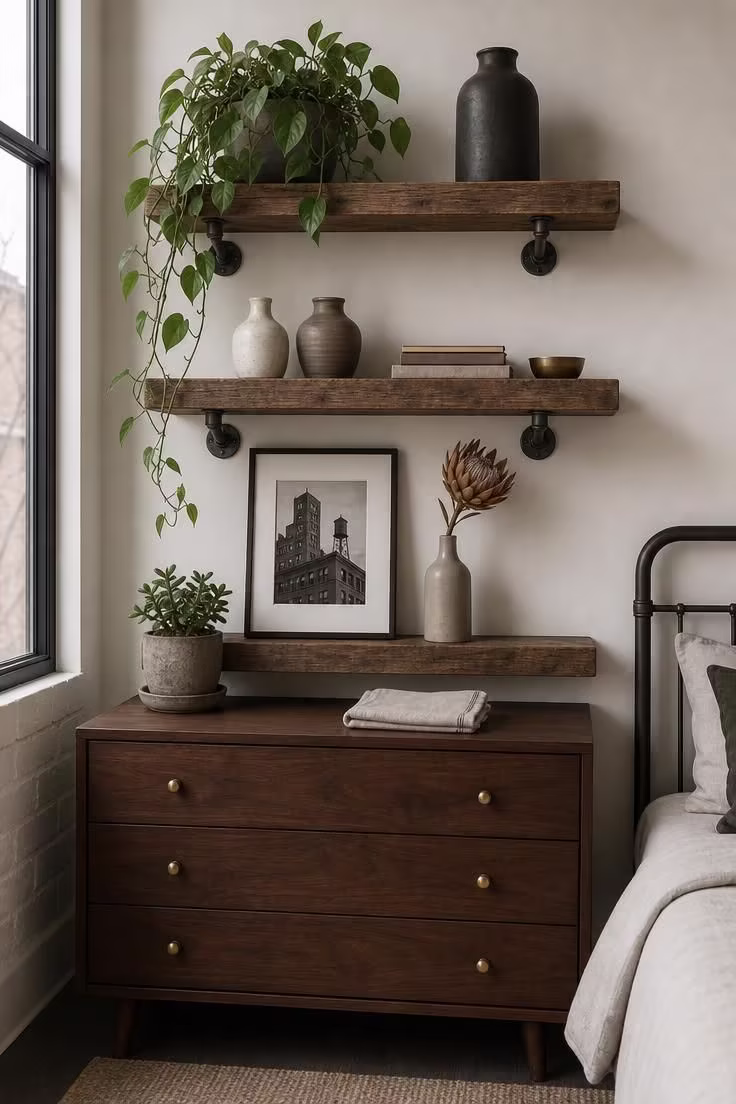 13 Cozy Modern Industrial Bedroom Ideas for a Raw Retreat 7 Three staggered floating shelves on gunmetal pipe brackets with stoneware vessels and trailing pothos above a walnut dresser in a modern industrial bedroom.