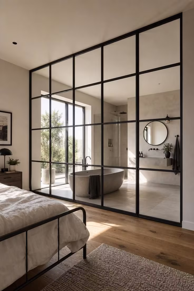 13 Cozy Modern Industrial Bedroom Ideas for a Raw Retreat 8 Full-height black steel-mullion glass partition separating a modern industrial bedroom from an open ensuite with bright midday light.
