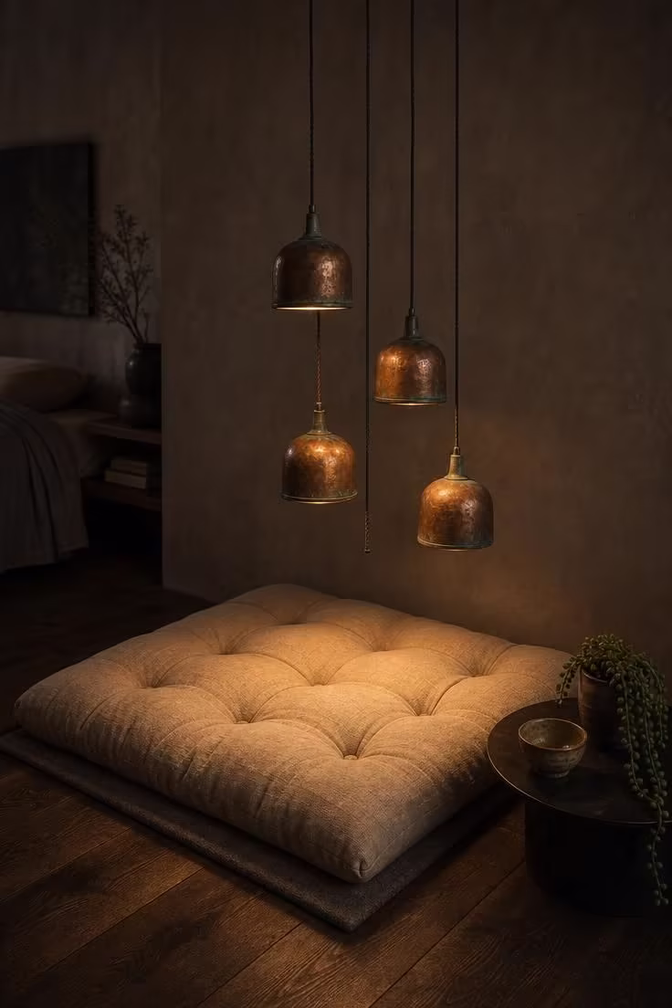 13 Cozy Modern Industrial Bedroom Ideas for a Raw Retreat 9 Cluster of four aged copper pendant lights at staggered heights above a tufted linen floor cushion in a moody modern industrial bedroom.