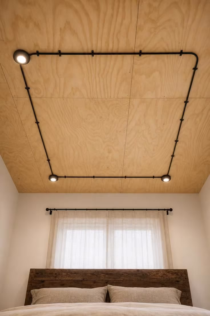 13 Cozy Modern Industrial Bedroom Ideas for a Raw Retreat 10 Raw baltic birch plywood ceiling panels with exposed black conduit and recessed spot lights in a modern industrial bedroom.