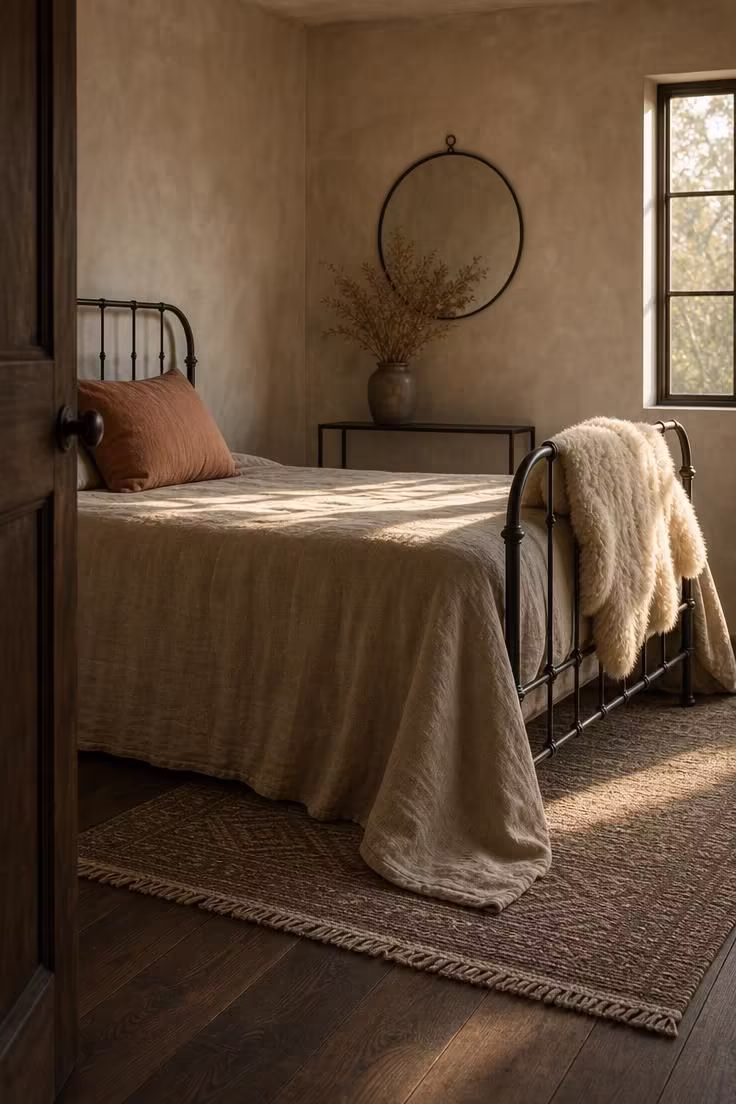 13 Cozy Modern Industrial Bedroom Ideas for a Raw Retreat 11 Dark iron sleigh-style bed frame with oatmeal linen bedspread and sheepskin throw in a modern industrial bedroom with warm golden afternoon light.