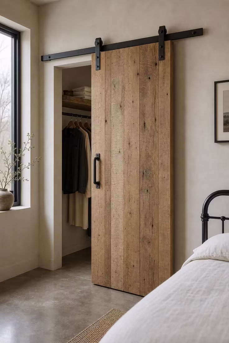 13 Cozy Modern Industrial Bedroom Ideas for a Raw Retreat 12 Reclaimed oak barn door on flat-bar steel track hardware partially open to reveal a simple closet in a modern industrial bedroom.