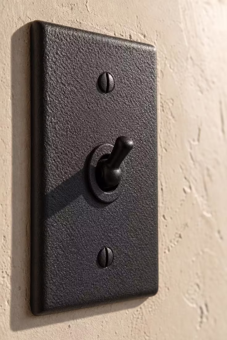 13 Cozy Modern Industrial Bedroom Ideas for a Raw Retreat 13 Matte black toggle light switch with cast iron cover plate on a skim-coat plaster wall in a modern industrial bedroom with bright midday light.