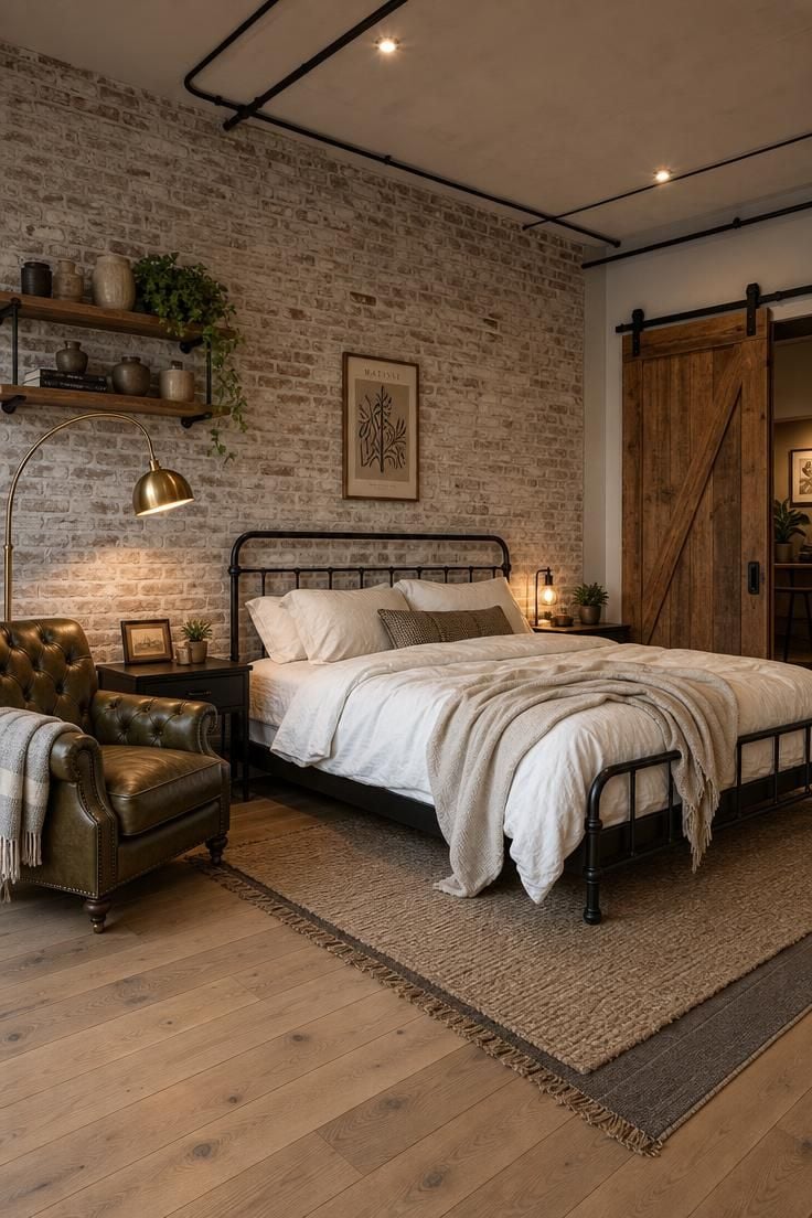 Simple Spaces 18 A wide editorial view of a modern industrial bedroom with a dark iron bed, lime-washed brick wall, brass floor lamp, olive leather armchair, and reclaimed oak barn door on steel track hardware.