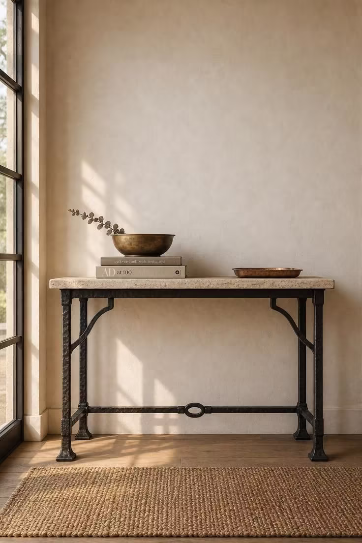 Weathered iron console table with a polished travertine top styled with brass bowl and linen books in a warm entryway
