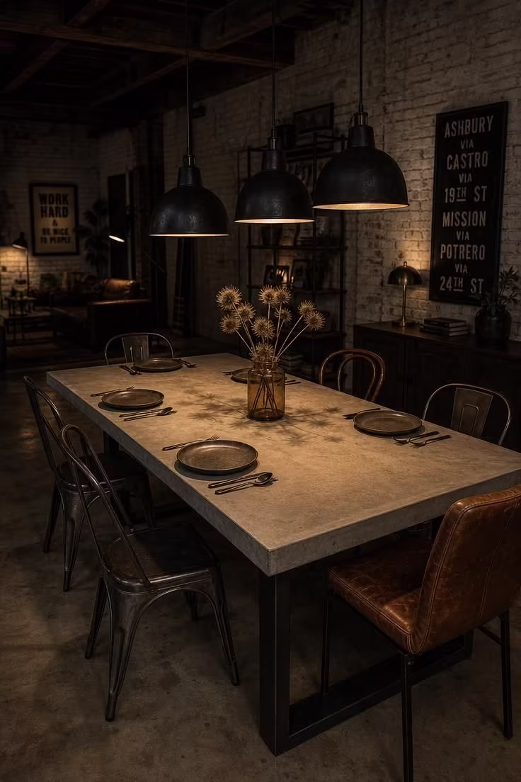 Three blackened steel pendant lights at staggered heights above a poured concrete dining table in a moody loft interior