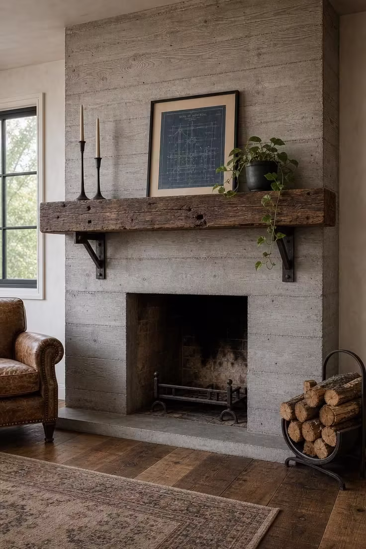 Board-formed concrete fireplace surround with reclaimed timber mantel styled with iron candle holders and trailing pothos