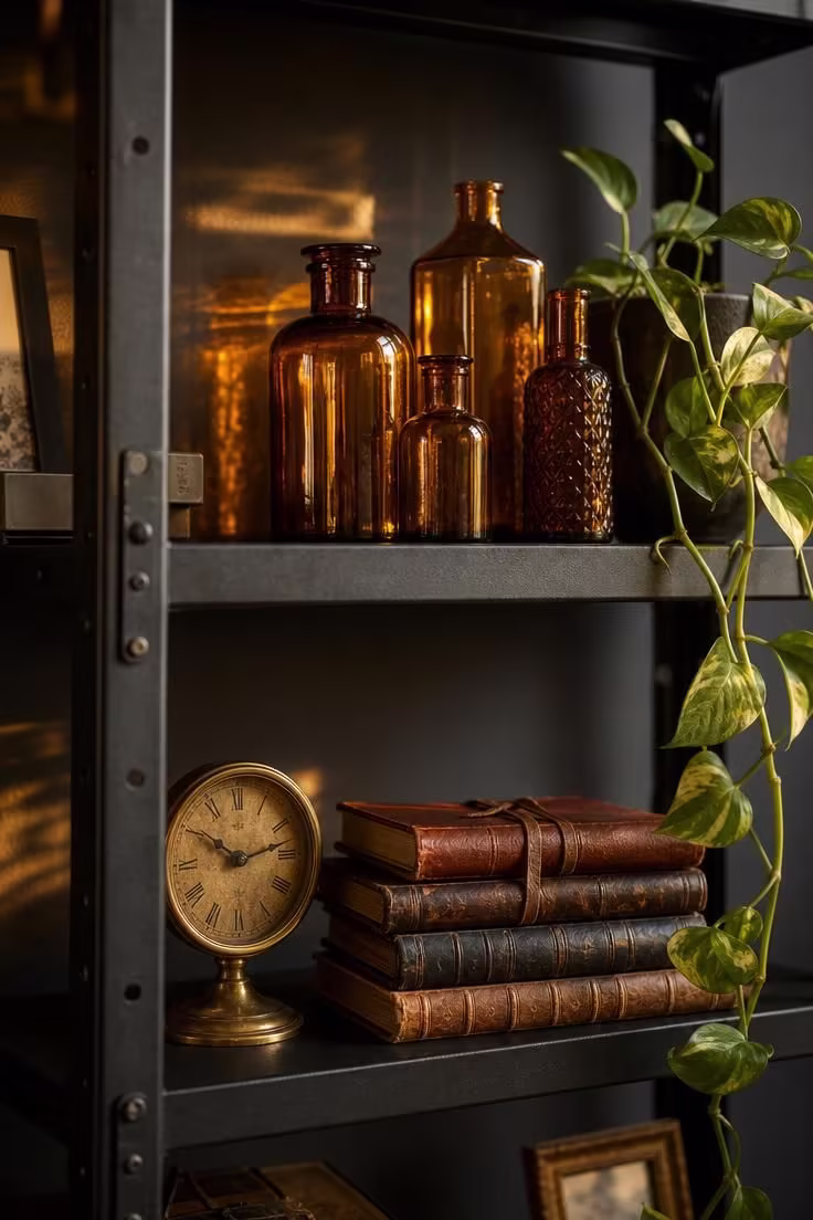 Close-up of matte black steel bookcase shelves styled with amber glass bottles, leather journals, and a brass desk clock in warm golden light