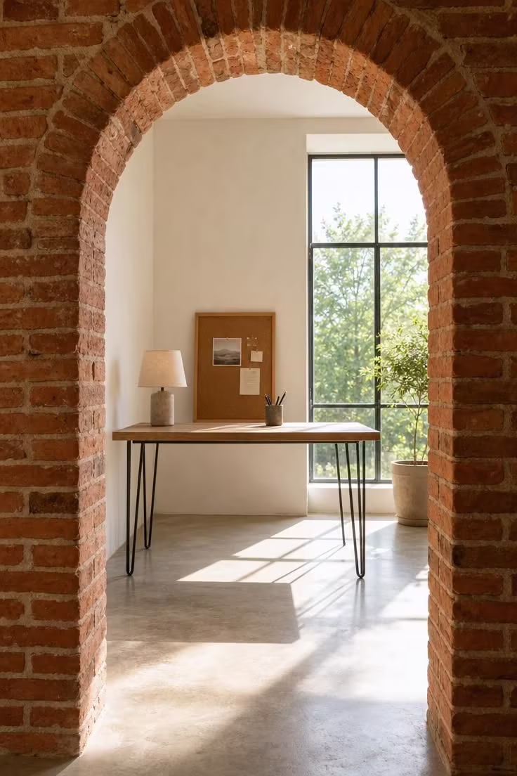 Exposed brick archway framing a steel-leg writing desk with concrete lamp and cork pinboard in bright midday light