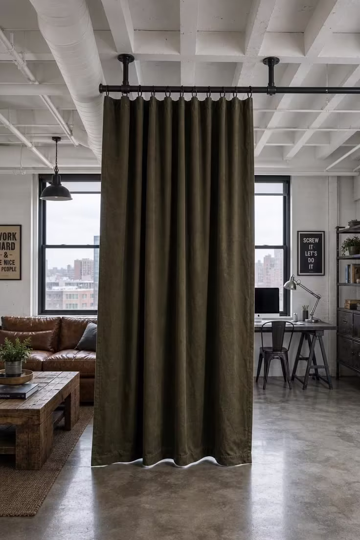 Heavy waxed canvas curtain on a wrought iron rod dividing a loft interior into living and workspace zones under cool overcast light