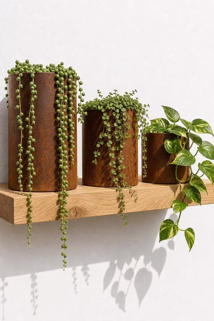 Three Corten steel planters with trailing plants on a raw oak floating shelf in bright midday light against a white plaster wall