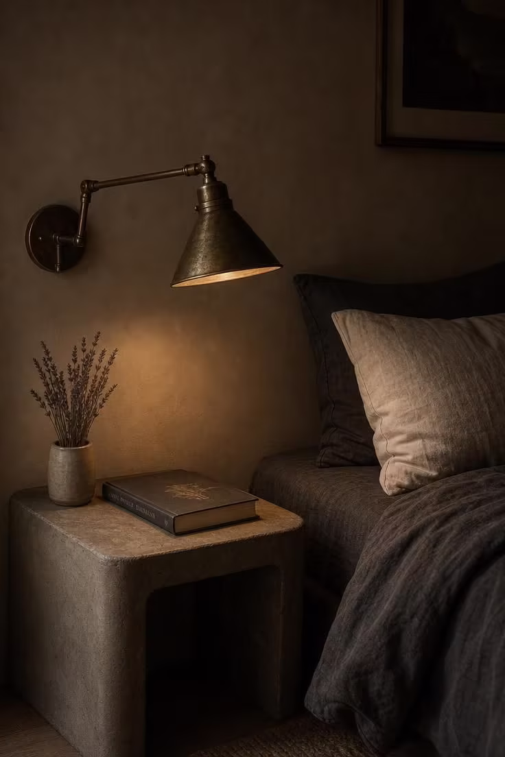 Aged brass articulating wall lamp casting warm light over a concrete nightstand with linen bedding in a moody bedroom vignette