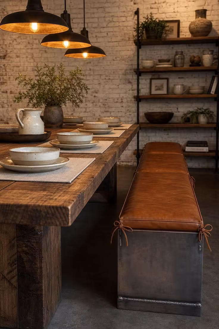 Waxed raw steel dining bench with saddle leather cushions beside a reclaimed wood table under warm golden pendant light