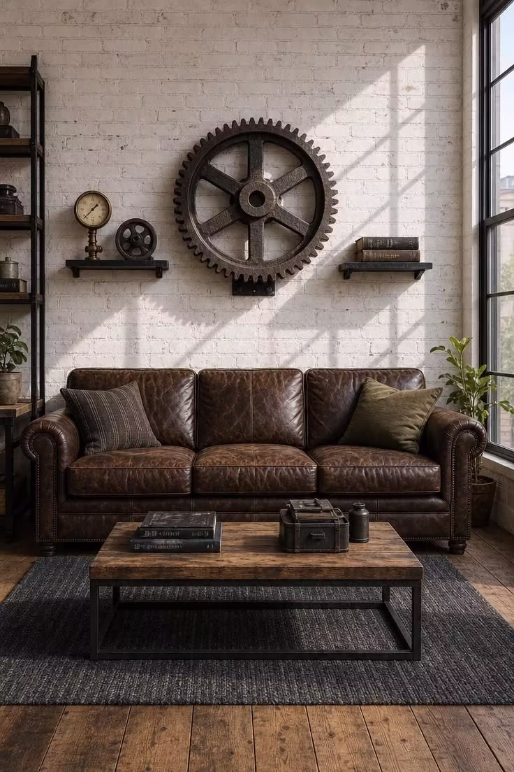Salvaged factory gear mounted as wall art above a worn leather sofa with ledge shelves of industrial objects in bright midday light