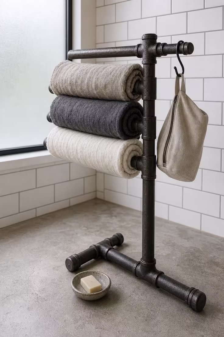 Freestanding cast iron pipe towel rack with rolled linen towels on a sealed concrete bathroom floor under soft diffused light