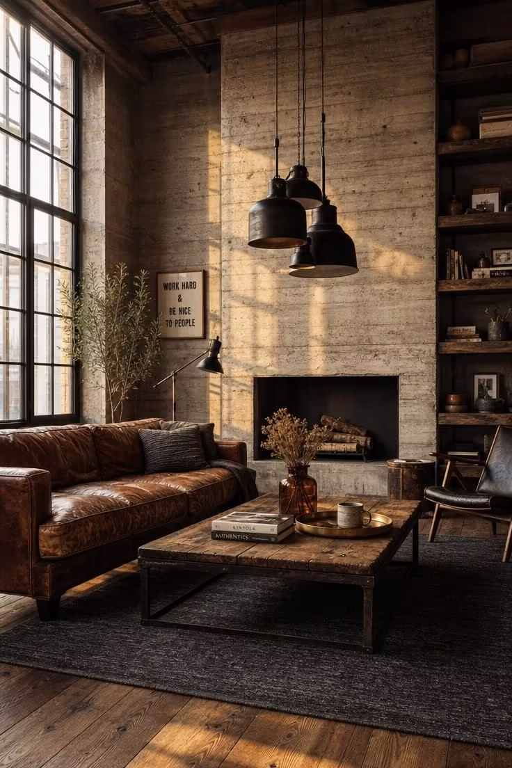 Modern industrial living room with cognac leather sofa, concrete fireplace wall, reclaimed wood shelving, and warm golden afternoon light through factory windows