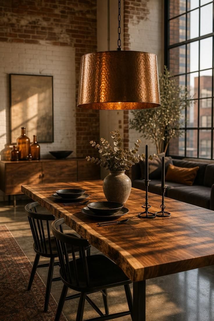 Burnished copper drum pendant casting warm light over a raw walnut slab table in a modern industrial living room with exposed brick and steel-framed windows.