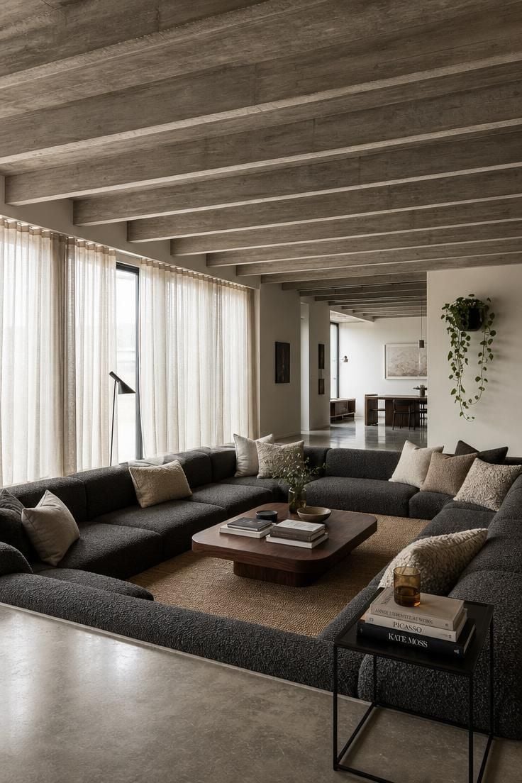 Charcoal bouclé pit sofa beneath exposed concrete ceiling joists in a softly lit modern industrial living room with jute rug and walnut coffee table.