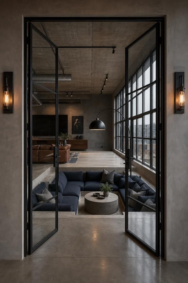 Steel-framed glass doors opening to a sunken conversation area with navy linen seating, a concrete side table, and a matte black arc lamp in an industrial living room.