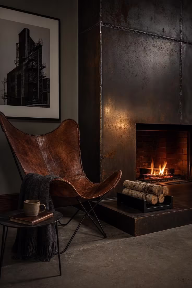 Aged leather butterfly chair next to a welded steel fireplace surround with visible weld seams, birch logs in an iron cradle, and moody low firelight in an industrial living room.