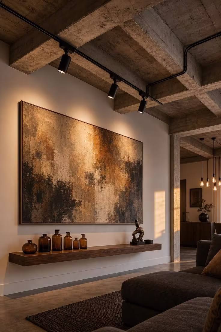 Matte black track lighting mounted on exposed concrete ceiling beams, angled spotlights illuminating an abstract canvas and walnut floating shelf with amber glass bottles.