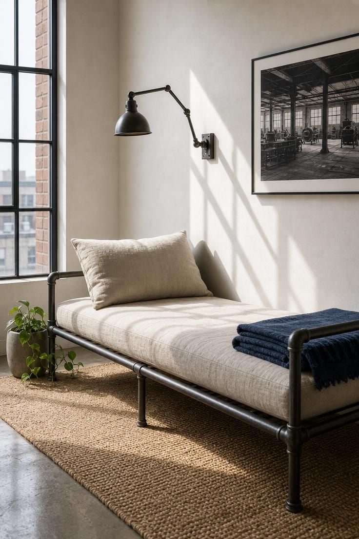 Raw linen daybed with iron pipe armrests on polished concrete floor, bright midday light, wall-mounted articulating lamp, and trailing pothos in a concrete planter.
