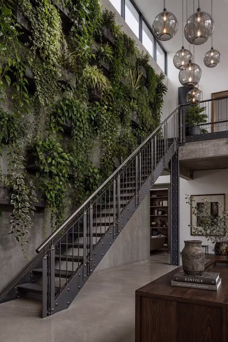 Riveted steel stair railing alongside a double-height living plant wall with trailing greenery, smoked glass pendant cluster, and polished concrete landing.