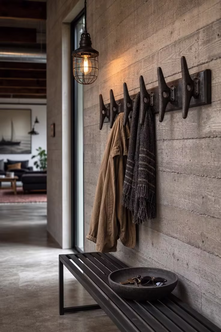 Salvaged dock cleats mounted as a coat rack on a board-formed concrete entry wall, iron bench below, cage wire pendant lamp, and stoneware key bowl.