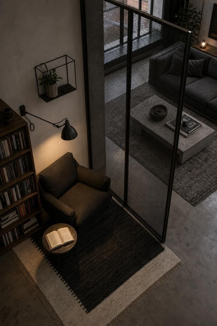 Gunmetal mesh room divider separating a reading nook with a deep armchair and walnut bookshelf from the main industrial living room lounge area.