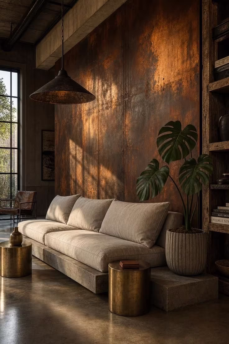 Oxidized iron wall panels with orange-brown patina behind a low-profile concrete plinth sofa with stone linen cushions, brass side tables, and a monstera in a ribbed concrete pot.