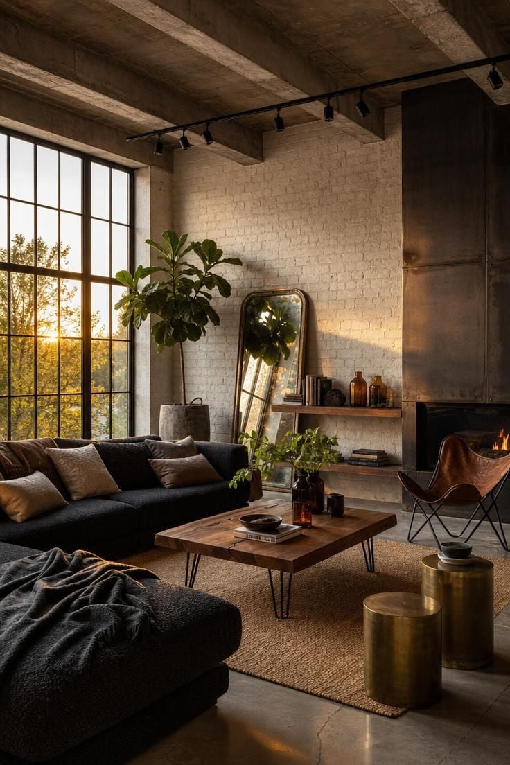 A modern industrial living room with exposed concrete ceiling joists, polished concrete floor, charcoal bouclé sectional, raw walnut coffee table, whitewashed brick wall, bronze floor mirror, and warm golden hour light through steel-framed factory windows.