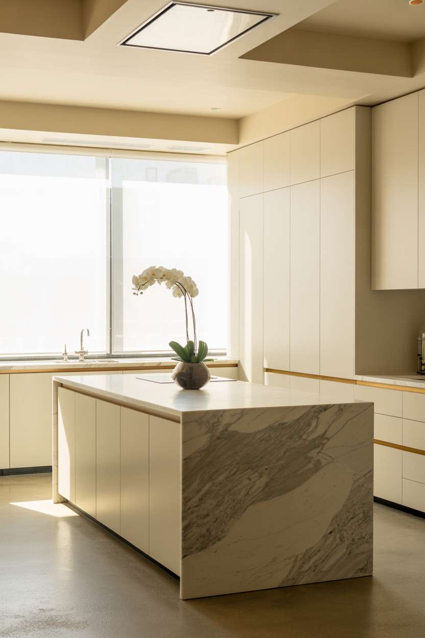24 Elegant Modern Kitchen Design Ideas to Inspire You 1 Modern white kitchen with marble waterfall island and orchid centerpiece
