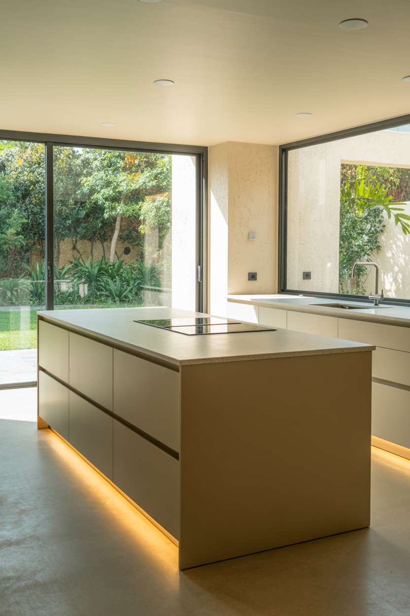 24 Elegant Modern Kitchen Design Ideas to Inspire You 2 Minimalist kitchen with grey quartz island and garden view