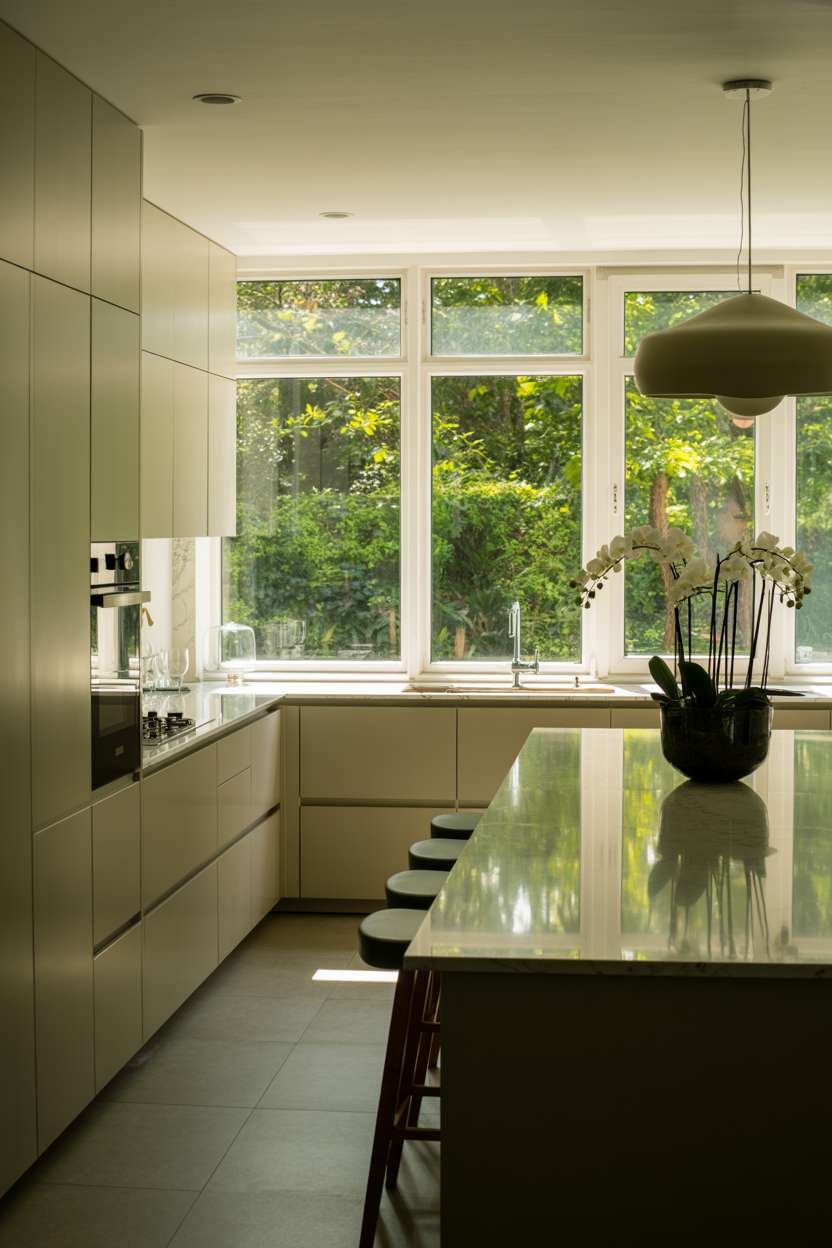 24 Elegant Modern Kitchen Design Ideas to Inspire You 6 Soft grey kitchen with white orchid centerpiece and natural light